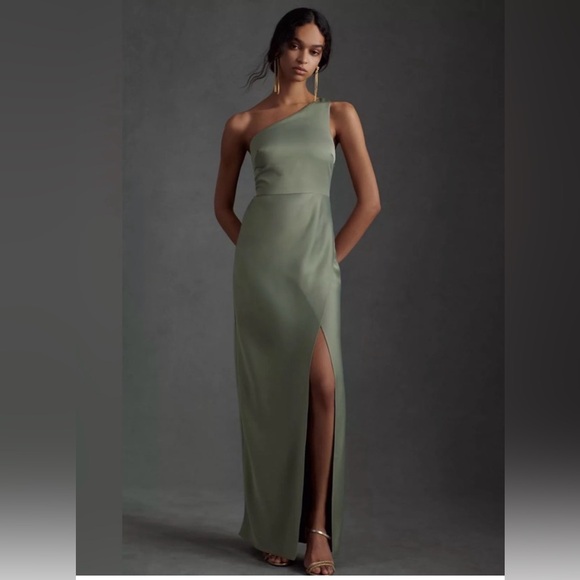 BHLDN Dresses & Skirts - BHLDN One-Shoulder Sage Green Satin Gown